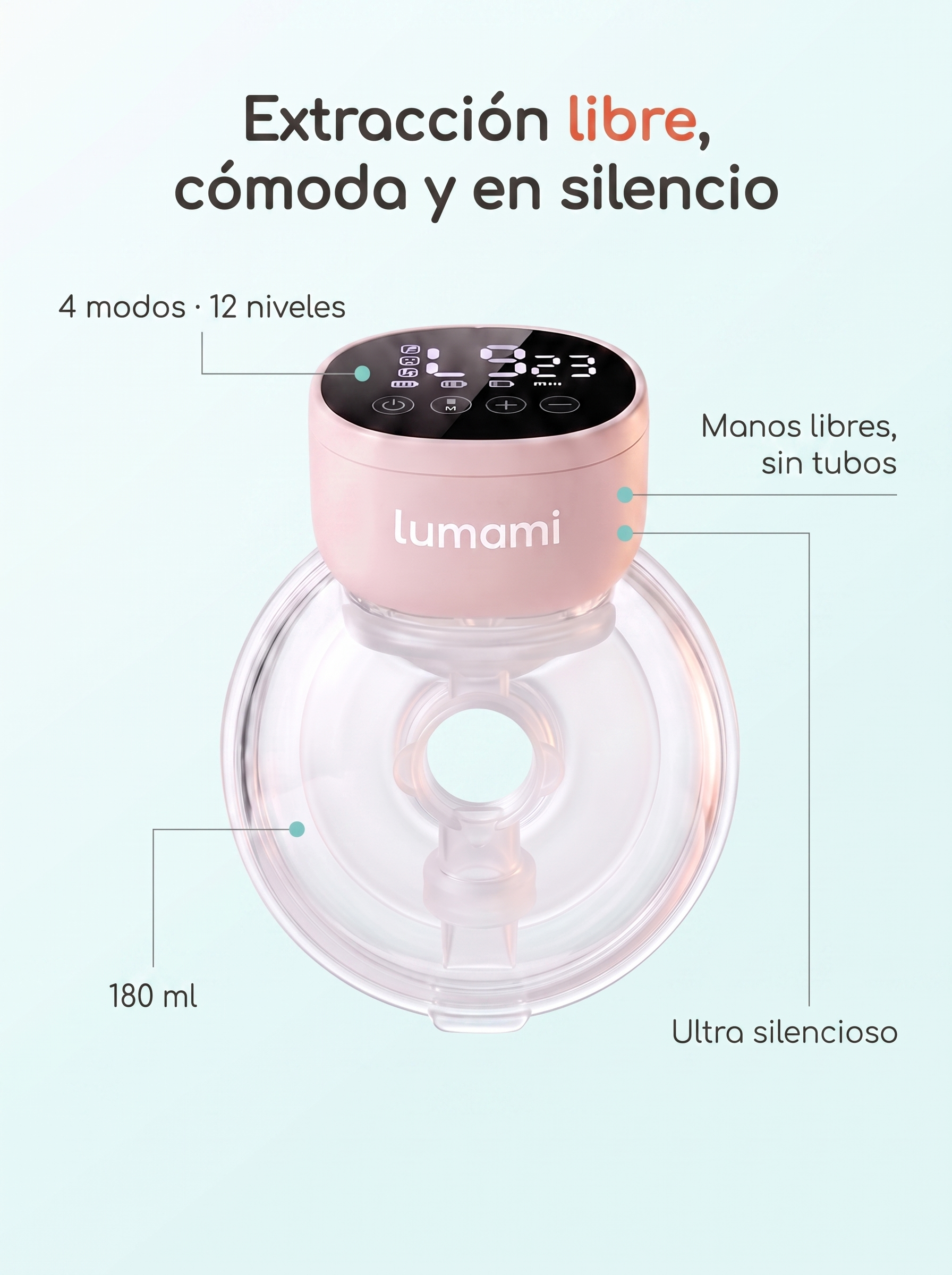 Extractor de Leche Lumami Mia S1 | Manos Libres con 4 Modos y 12 Niveles para Mamás Lactantes