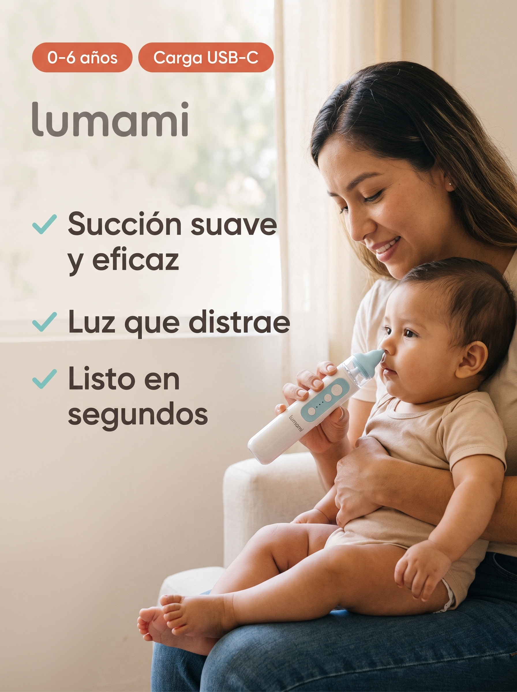 Aspirador Nasal Lumami Brisa 1.0 | Eléctrico con Punta Suave, Luz Calmante y 3 Niveles para Bebés desde Recién Nacidos