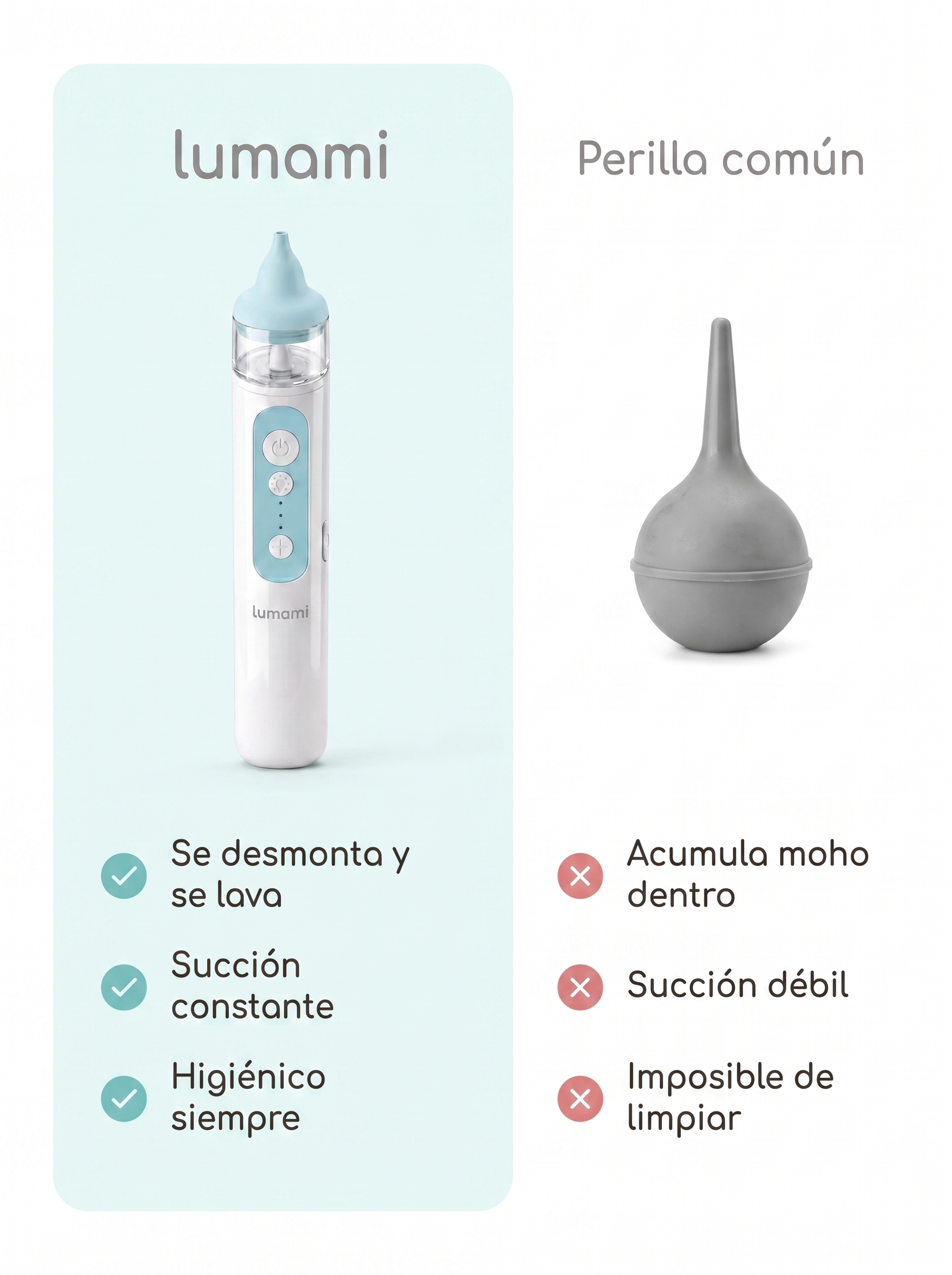 Aspirador Nasal Lumami Brisa 1.0 | Eléctrico con Punta Suave, Luz Calmante y 3 Niveles para Bebés desde Recién Nacidos